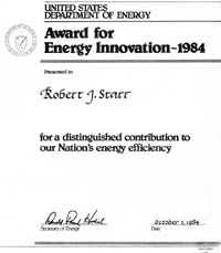United States Department of Energy Award for Energy Innovation - 1984 - Presented to Robert J. Starr for a distinguished contribution to our Nation's energy efficiency